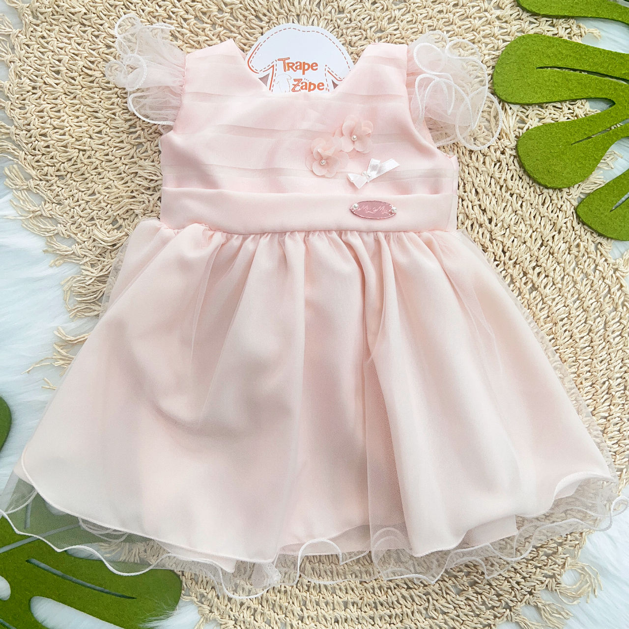 Vestido com Mangas em Tule e Florzinhas com Pérolas - Rose